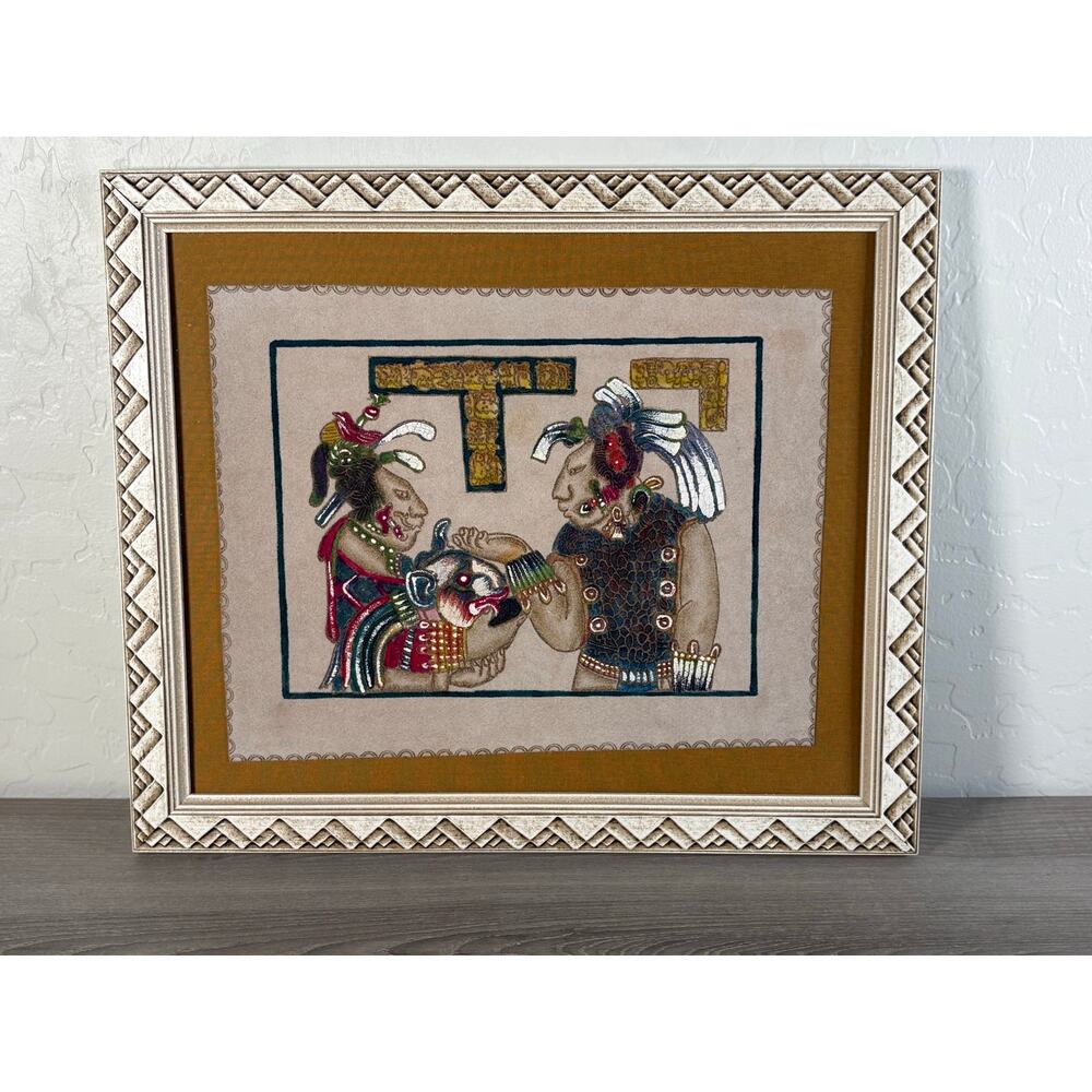Mayan Pyrography/ Painting on Suede Leather Professionally Frames Exce Condition